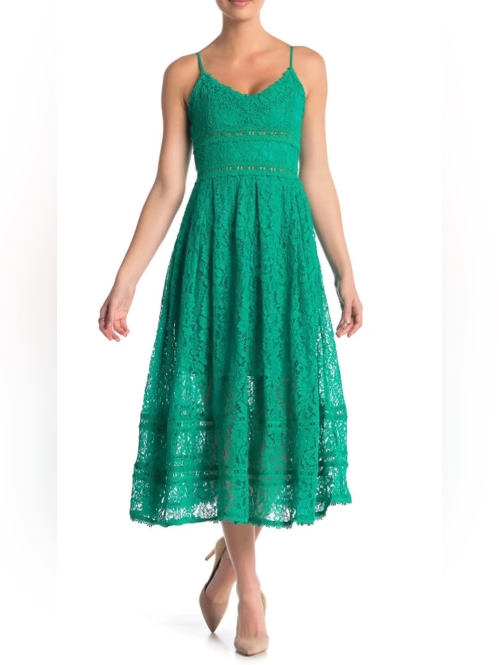 NSR Emerald Green Lace Spaghetti Strap Midi Dress